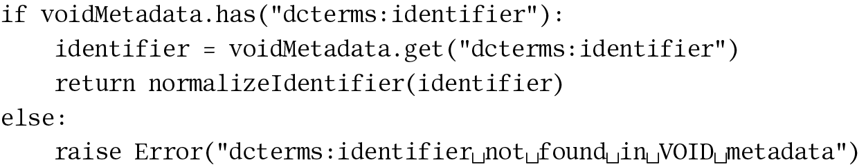 Pseudocode showing extractIdentifier function that checks for dcterms:identifier in VoID metadata and normalizes it by trimming whitespace