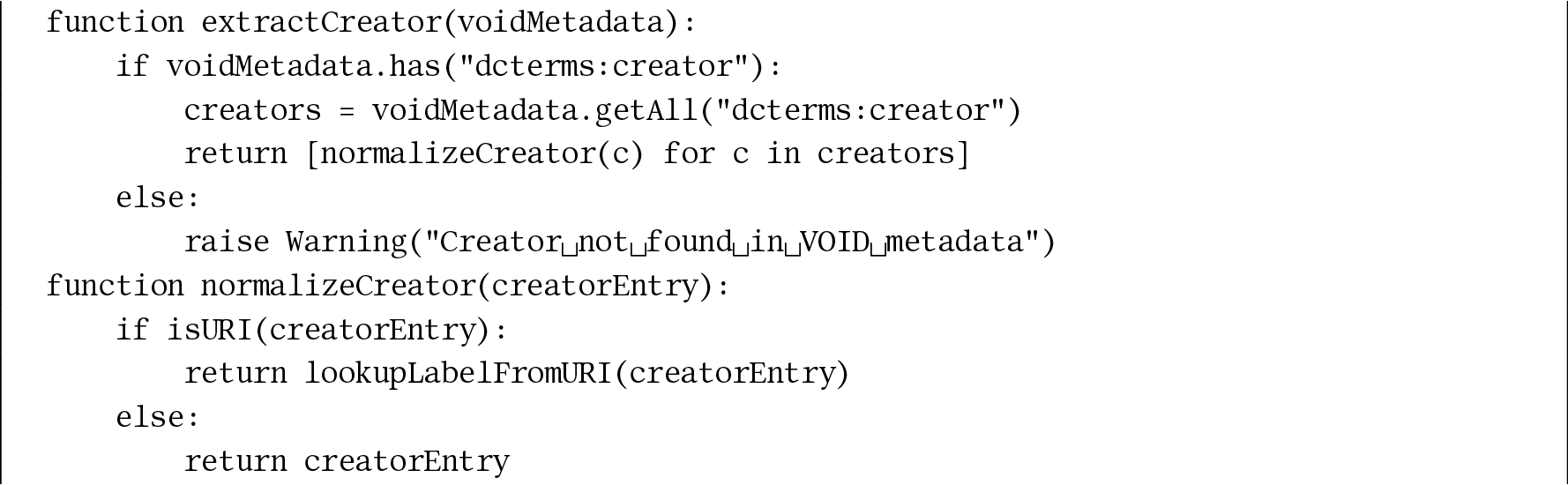 Pseudocode showing extractCreator and normalizeCreator functions for converting creator metadata from VoID to DataCite format, handling both URI and string inputs