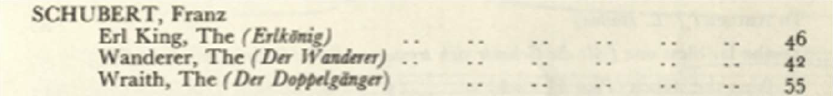 Two side-by-side examples of ChatGPT 4 formatted contents notes: left panel shows Franz Schubert songs (Erl King, Wanderer, Wraith) with German titles in parentheses; right panel shows Claude Debussy and Henri Duparc songs with French titles and English translations