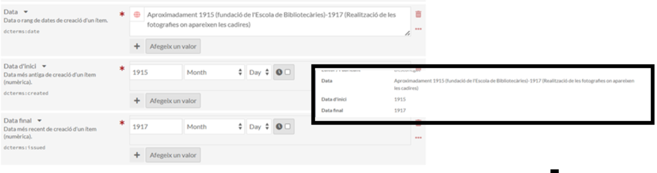 Screenshot showing the date entry interface in the MVUB system. The left side shows Edit mode with fields for Data (date display), Data d'inici (start date), and Data final (end date) with date picker controls. The right side shows View mode displaying the entered dates in a read-only format.