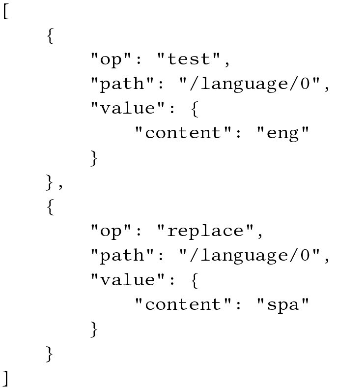 Code snippet showing a JSON Patch example with test and replace operations to change a language value from eng to spa