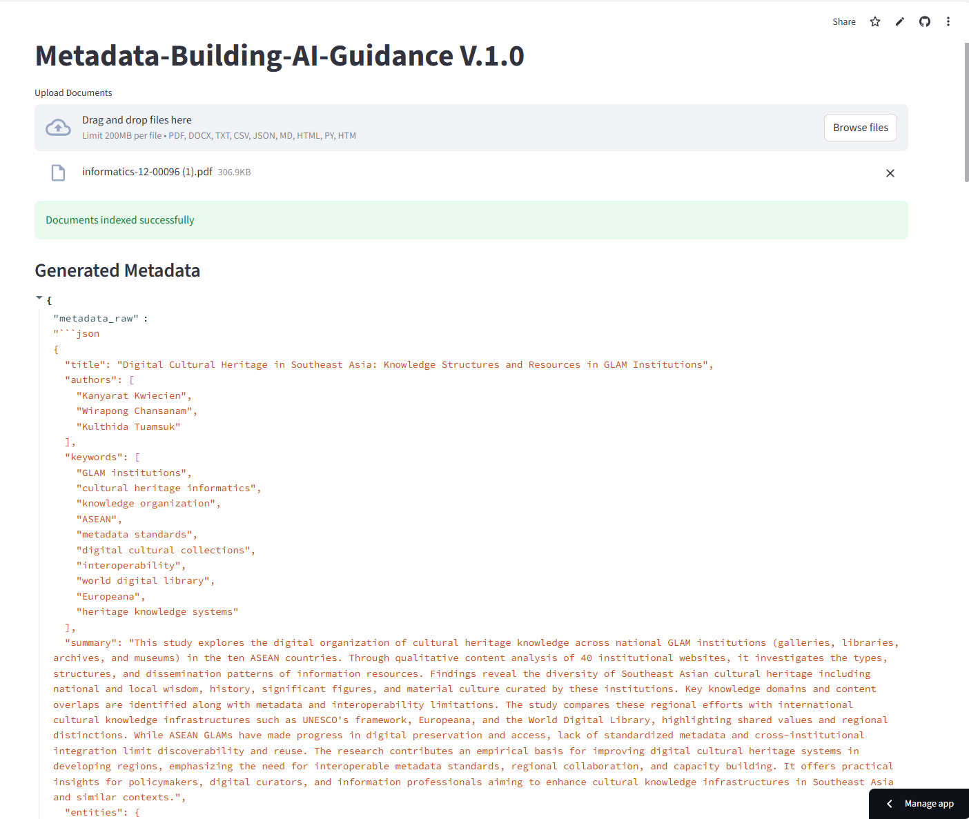 The application after a document has been uploaded: a green Documents indexed successfully status message and a Generated Metadata panel showing a structured JSON record with title, authors, keywords, and summary fields for a paper on digital cultural heritage in Southeast Asia.