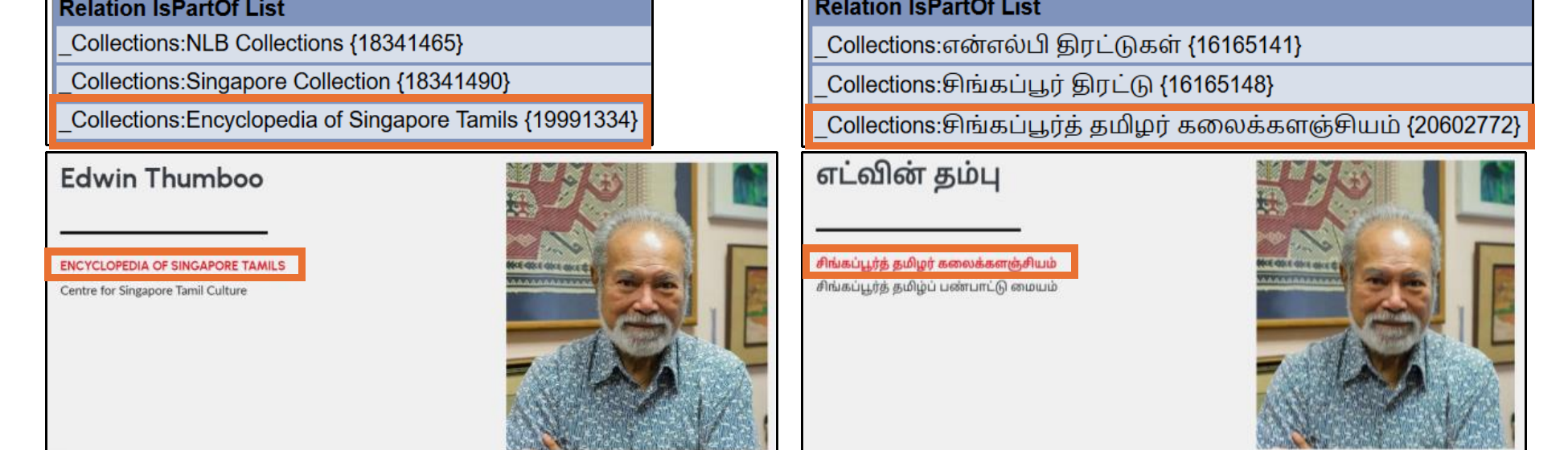 A two-by-two grid. The top row shows two Relation isPartOf List metadata panels: the English article record (left) lists NLB Collections, Singapore Collection, and a highlighted Encyclopedia of Singapore Tamils (19991334); the Tamil article record (right) lists the equivalent entries with a highlighted Tamil collection name சிங்கப்பூர்த் தமிழர் கலைக்களஞ்சியம் (20602772). The bottom row shows the resulting webpage displays for the Edwin Thumboo article: the English page (left) branded Encyclopedia of Singapore Tamils and the Tamil page (right) branded with the highlighted Tamil collection name, each beside the same portrait photograph.