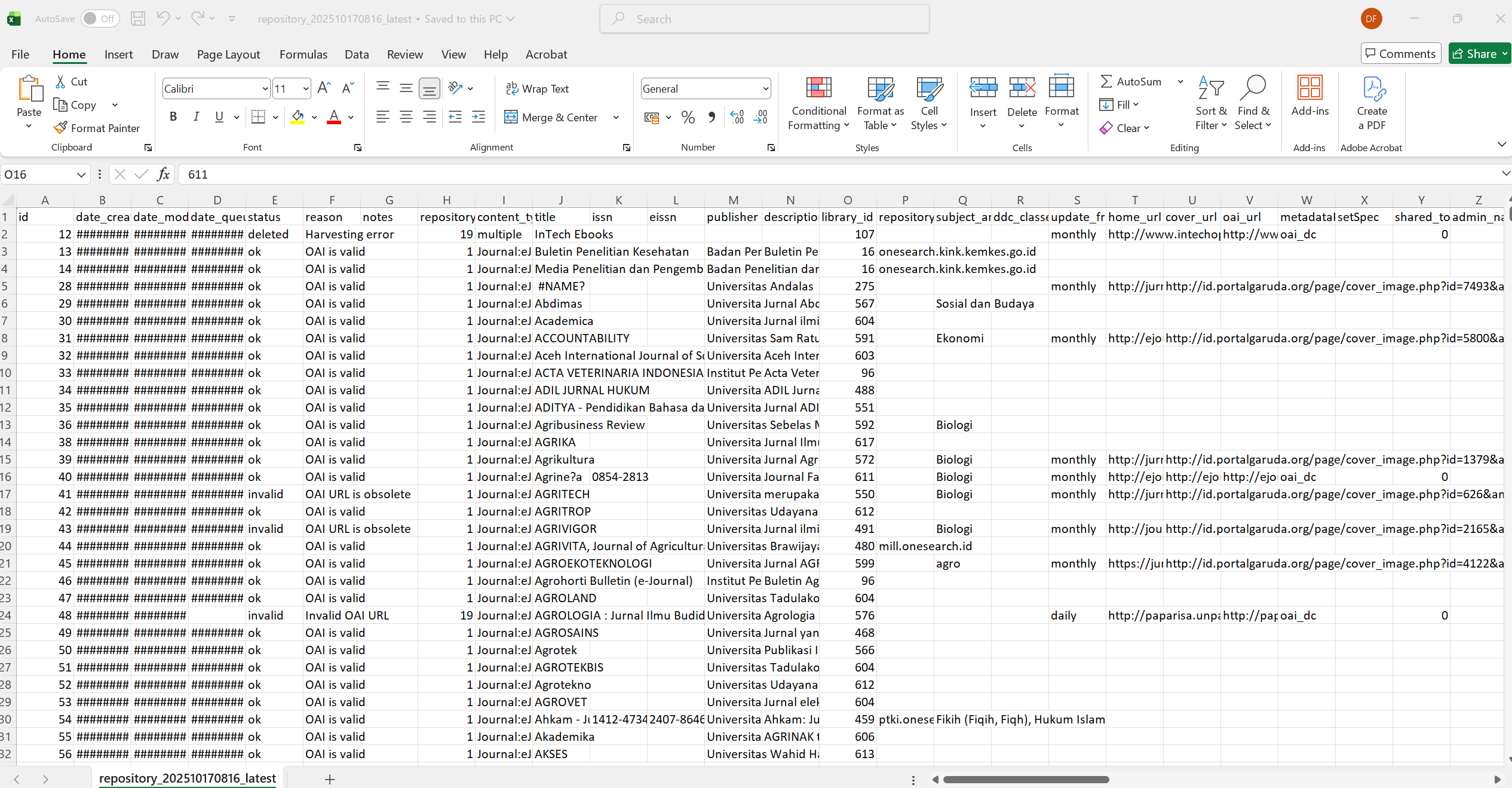 A screenshot of the Indonesia One Search registration dataset opened as a spreadsheet, with one repository per row and columns including date_created, date_modified, status, reason, content_type, title, publisher, oai_url, home_url, cover_url, metadataPrefix and others; the visible rows list Indonesian journals and repositories with their managing institutions and harvesting status values.