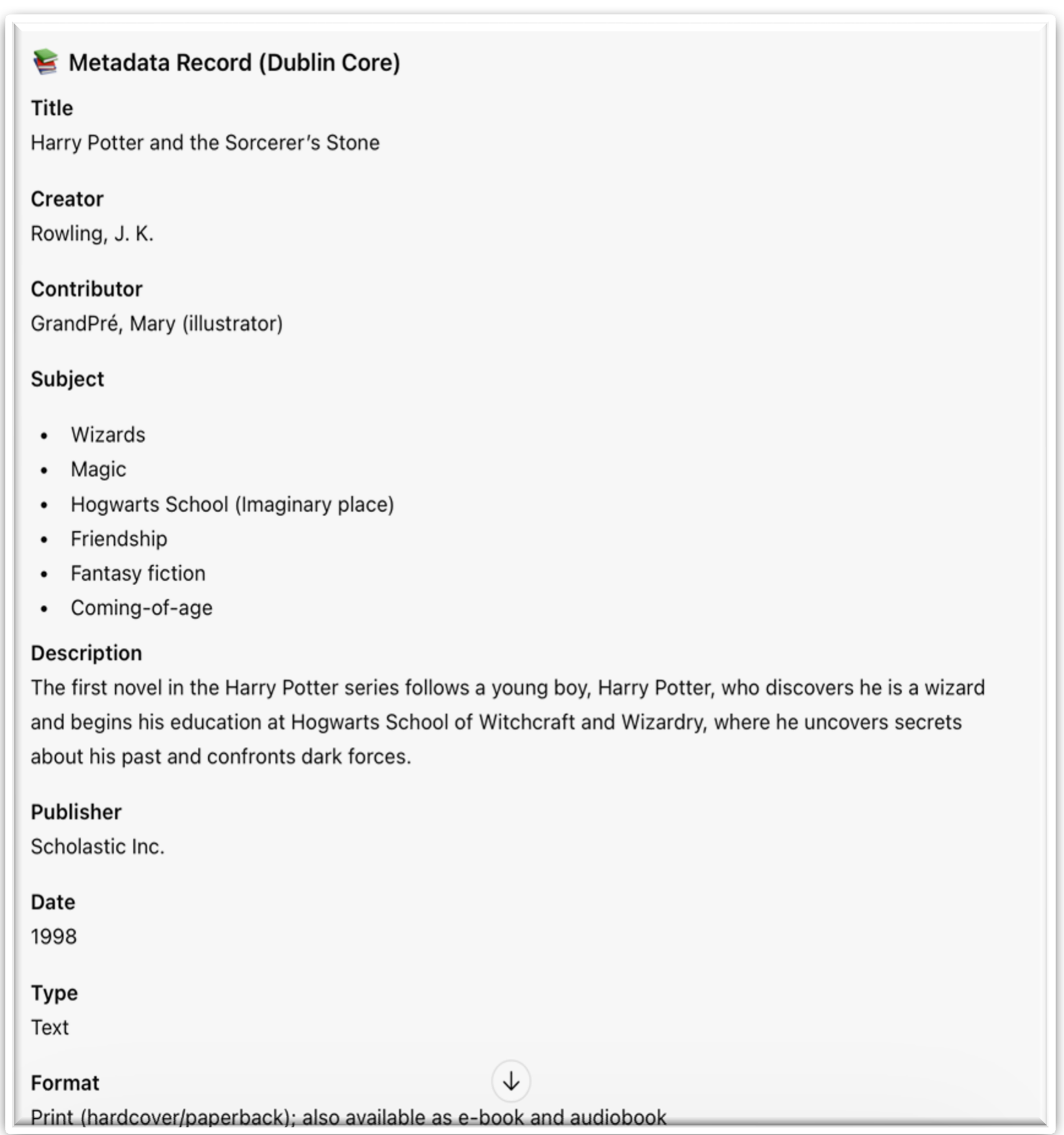 Screenshot of an OpenAI-generated Dublin Core metadata record for Harry Potter and the Sorcerer's Stone. Title: Harry Potter and the Sorcerer's Stone. Creator: Rowling, J. K. Contributor: GrandPré, Mary (illustrator). Subject, as a bulleted list: Wizards; Magic; Hogwarts School (Imaginary place); Friendship; Fantasy fiction; Coming-of-age. Description: The first novel in the Harry Potter series follows a young boy, Harry Potter, who discovers he is a wizard and begins his education at Hogwarts School of Witchcraft and Wizardry, where he uncovers secrets about his past and confronts dark forces. Publisher: Scholastic Inc. Date: 1998. Type: Text. Format: Print (hardcover/paperback); also available as e-book and audiobook — the screenshot is cut off at this last line.