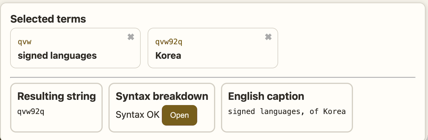 ILC Classmark Builder output screen for qvw92q derived from Korea as an independent language context, showing the component breakdown and reconstructed caption.